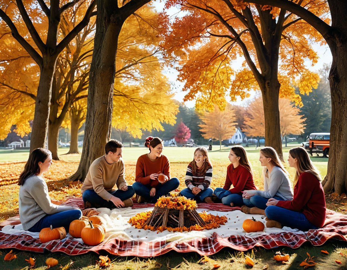 A warm, inviting scene of a family gathering in a vibrant autumn setting, surrounded by trees with colorful fall foliage. Include children playing with fallen leaves, a picnic blanket with seasonal treats, and cozy sweaters. Show happy expressions and laughter, capturing the essence of family traditions during autumn. Emphasize rich oranges, reds, and yellows to enhance the joyful atmosphere. super-realistic. vibrant colors.