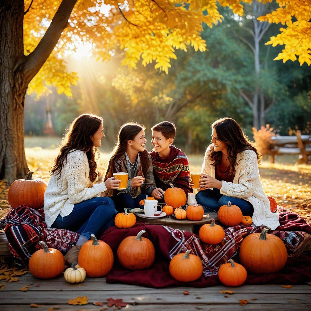 A cozy scene of a family gathered around a rustic table filled with autumn decorations, pumpkins, and warm drinks. Soft golden leaves drift around them as they share stories, wrapped in knitted blankets. Gentle sunlight filters through trees, creating a warm atmosphere of togetherness and nostalgia. super-realistic. vibrant colors. warm tones.