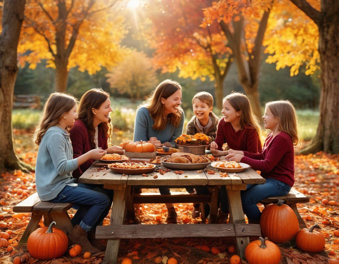 A cozy Autumn scene showcasing a family gathered around a wooden table laden with seasonal delicacies, surrounded by warm orange and red foliage. Soft sunlight filters through the trees, highlighting playful children in the background, and pumpkins scattered on the ground. The atmosphere radiates warmth, laughter, and togetherness. super-realistic. vibrant colors. soft focus.